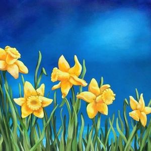 Painting of daffodils behind a deep blue sky
