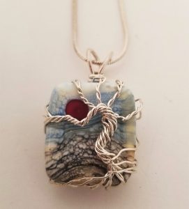 Square multi-color stone wire wrapped necklace