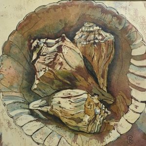 Abstract painting of conch shells in bowl by Belinda Scheber