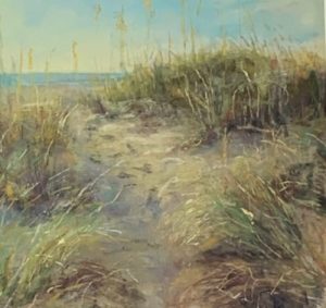 Painting of a sandy campground path near the beach