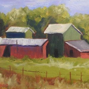 Painting of old barn buildings and fence