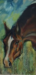 Oil painting of closeup of horse's head and neck