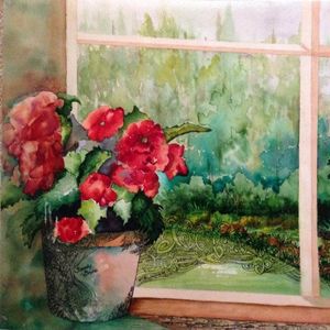 Red geraniums in vase on windowsill painting