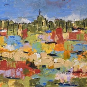 Abstract painting of town on a hill