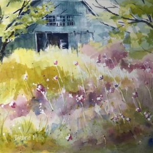Soft painting of blue barn in field of colorful flowers