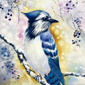 Watercolor painting of blue jay on tree limb