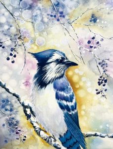 Watercolor painting of Blue Jay on tree limb