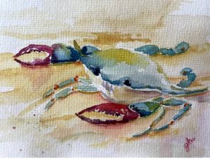 Watercolor painting of a crab on the beach